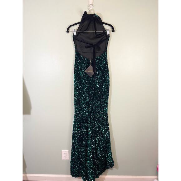 Love & Lemonade Green Sequin Dress Lace Up Backless Mermaid Maxi size XS NWT - Picture 9 of 15